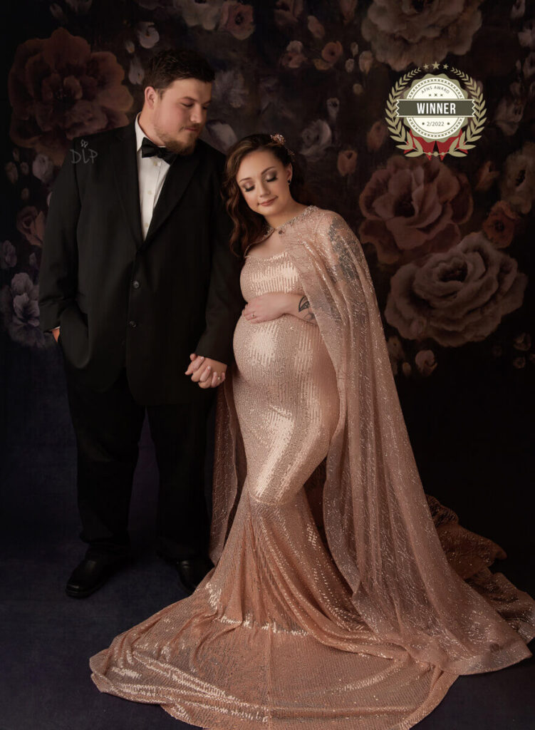 Austin Maternity Photographer expecting mom and dad posing in formal attire